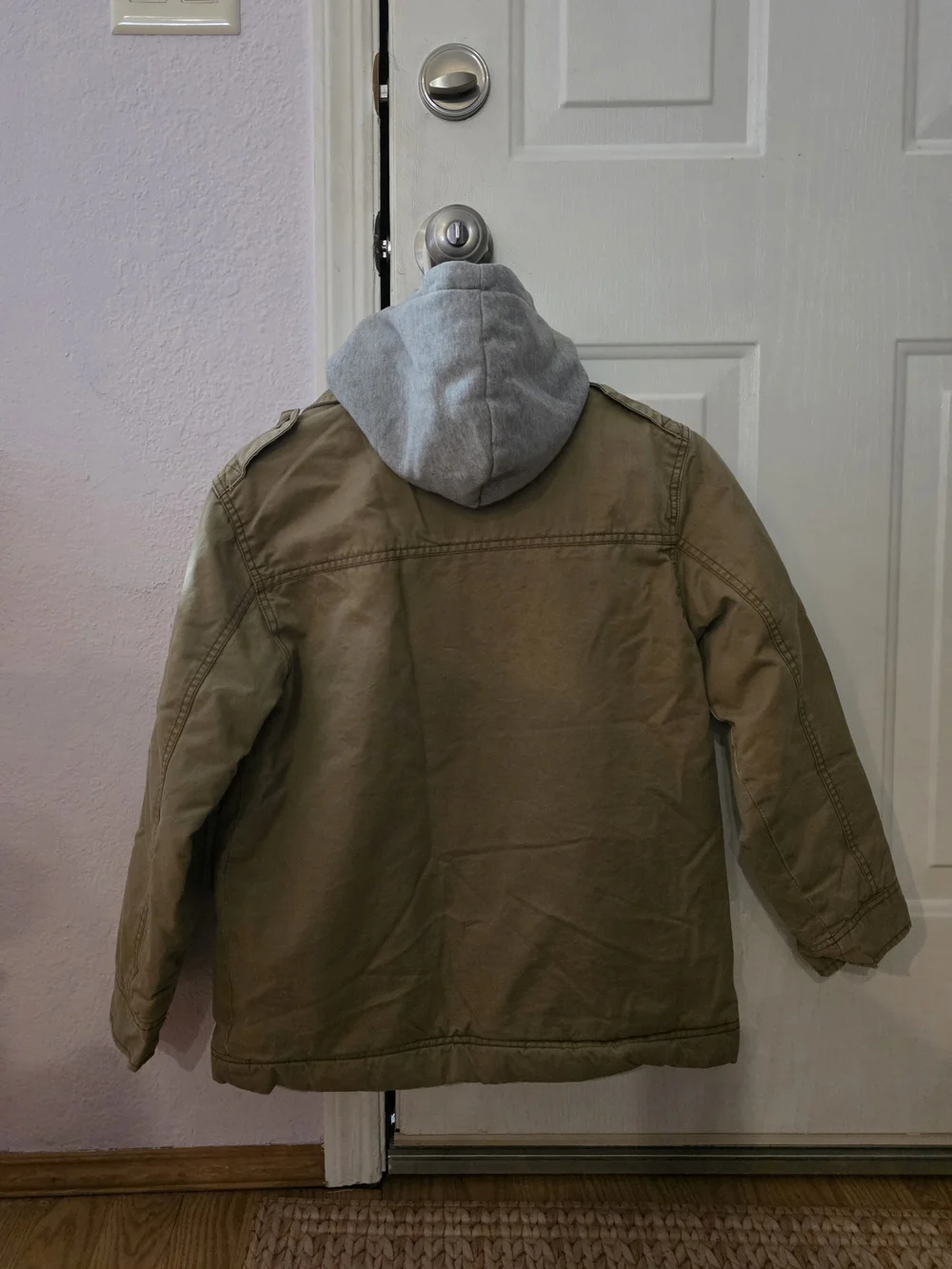 Old Navy Kids 10-12 Large Khaki Utility Jacket with Grey Hooded Liner